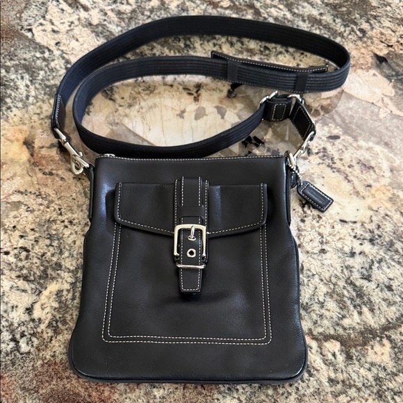 COACH Hamilton Luxury Black Leather Swing Pack Silver Accents Crossbody Bag - Picture 1 of 6